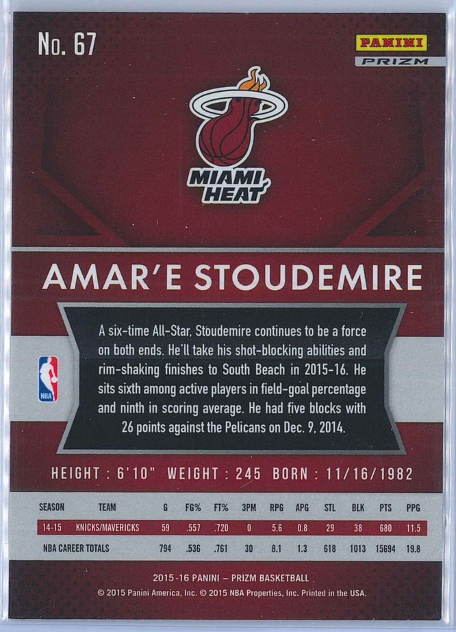AmarE Stoudemire Panini Prizm Basketball 2015 16 Base Red White Blue Parallel 2