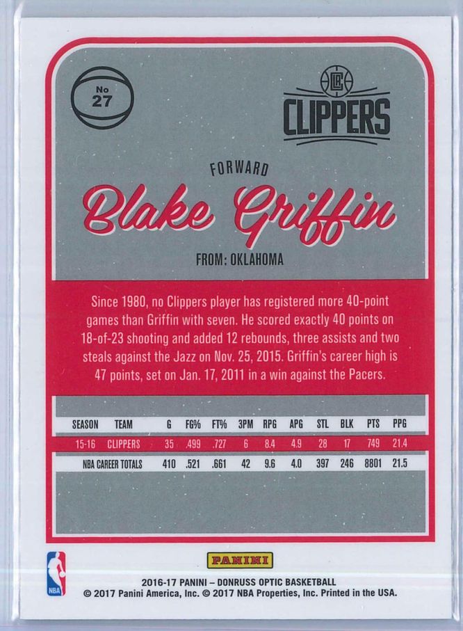 Blake Griffin Panini Donruss Optic Basketball 2016 17 Base 2