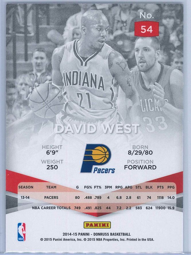 David West Panini Donruss Basketball 2014 15 Elite 2