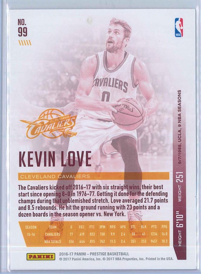 Kevin Love Panini Prestige Basketball 2016 17 Base Set Metallized Gold 2