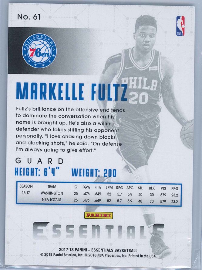 Markelle Fultz Panini Essentials Basketball 2017 18 Base Spiral RC 2