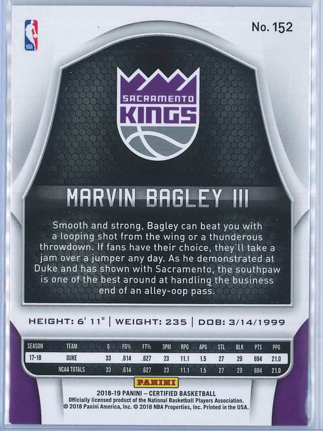 Marvin Bagley III Panini Certified Basketball 2018 19 Base RC 2