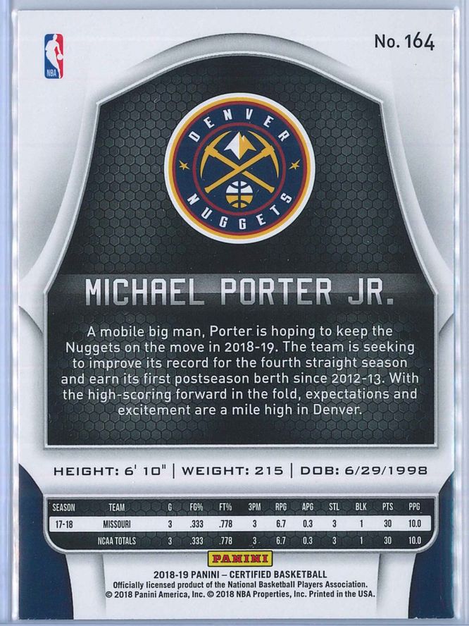 Michael Porter Jr. Panini Certified Basketball 2018 19 Base RC 2