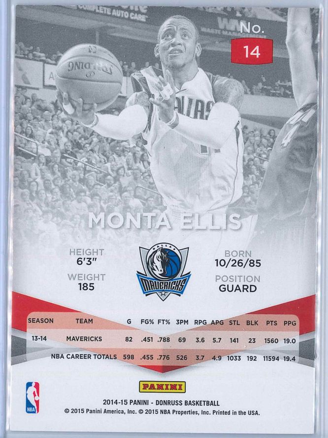 Monta Ellis Panini Donruss Basketball 2014 15 Elite 2