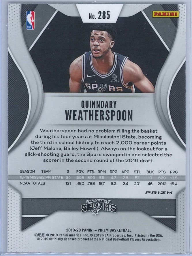 Quinndary Weatherspoon Panini Prizm Basketball 2019 20 Base Red Ice Parallel RC 2