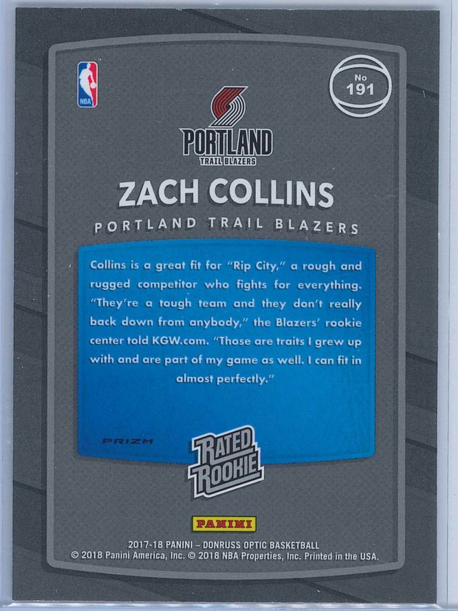 Zach Collins Panini Donruss Optic Basketball 2017 18 Rated Rookie Holo Fast Break Parallel 2