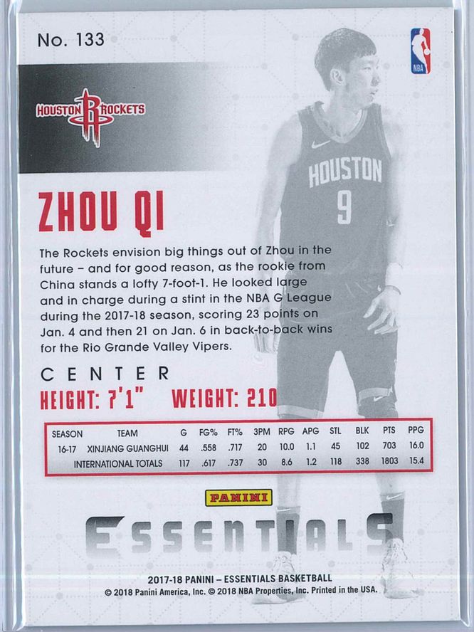 Zhou Qi Panini Essentials Basketball 2017 18 Base Green RC 2