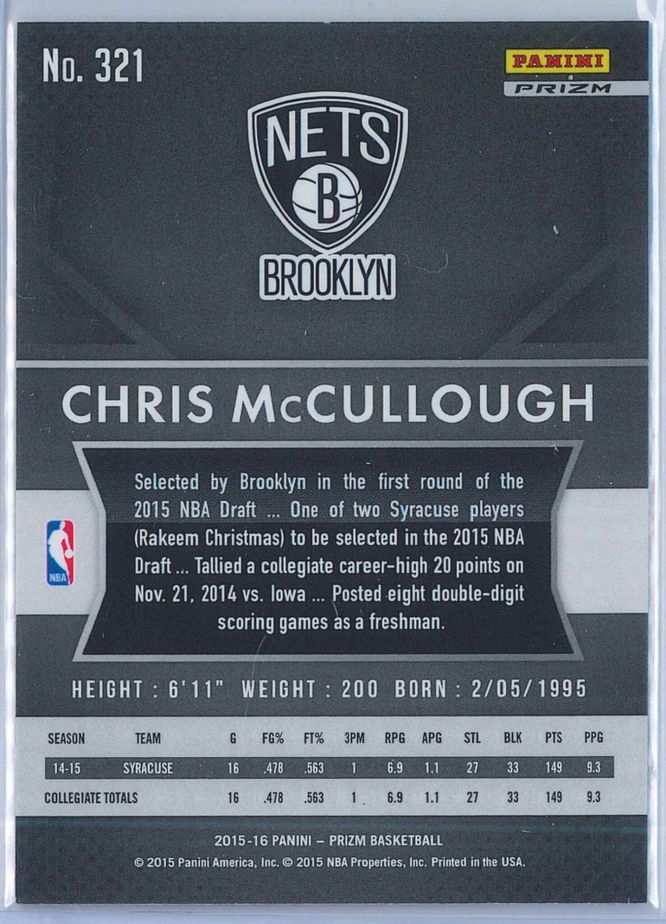 Chris McCullogh Panini Prizm Basketball 2015 16 Base Silver Prizm 321 RC 2