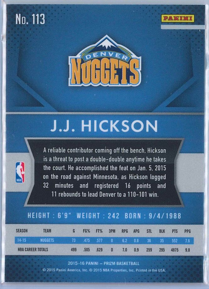 J.J. Hickson Panini Prizm Basketball 2015 16 Base 113 2