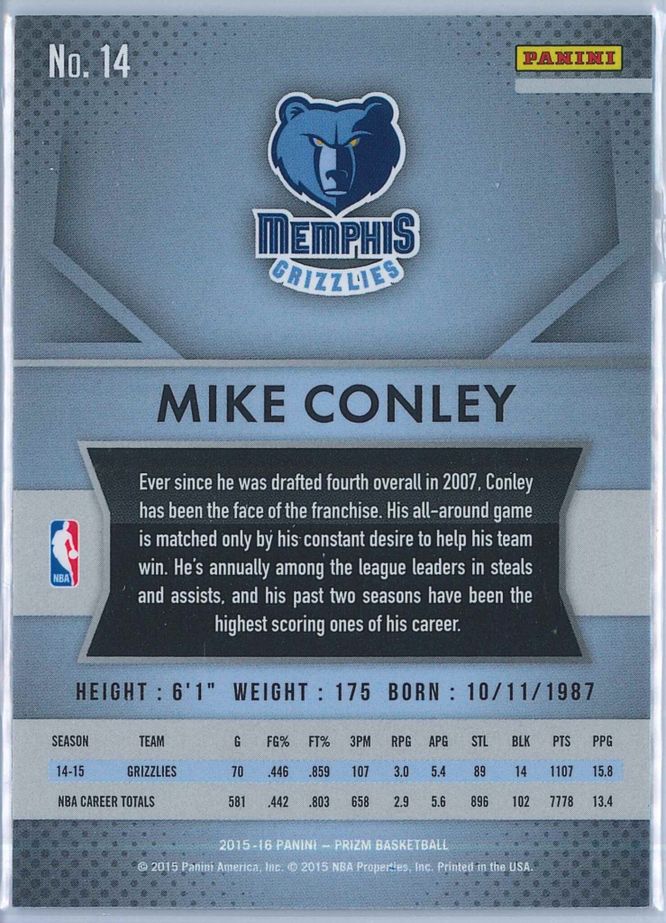 Mike Conley Panini Prizm Basketball 2015 16 Base 14 2