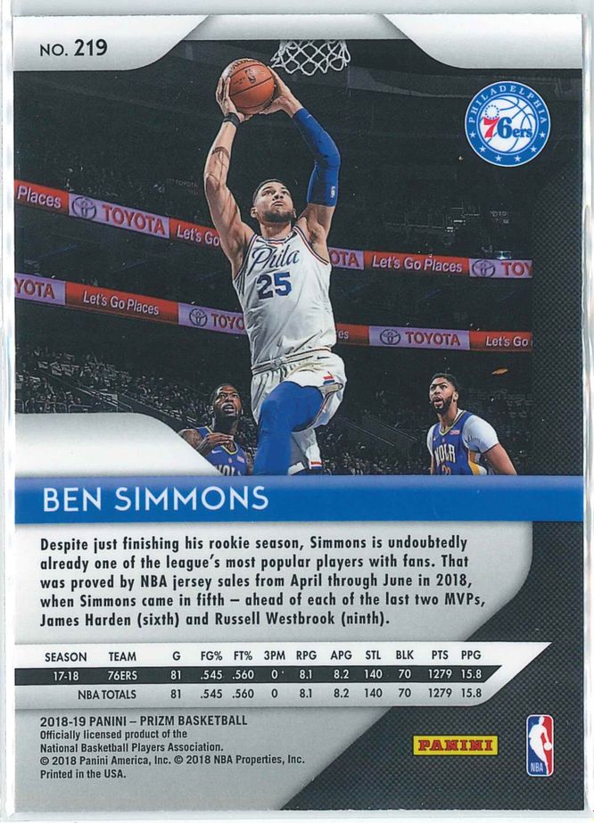 Ben Simmons Panini Prizm Basketball 2018 19 Base 219 2