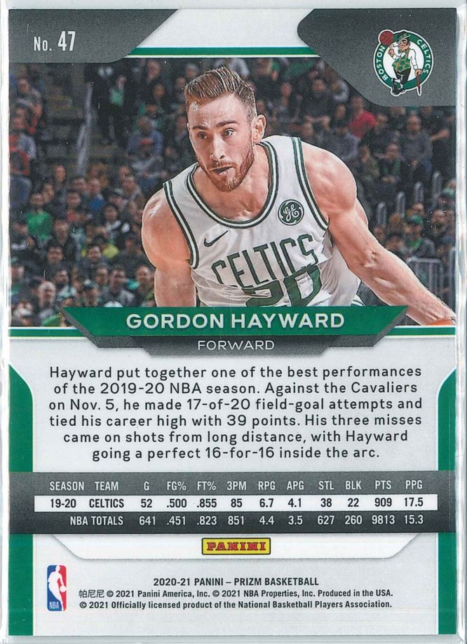 Gordon Hayward Panini Prizm Basketball 2020 21 Base 47 2