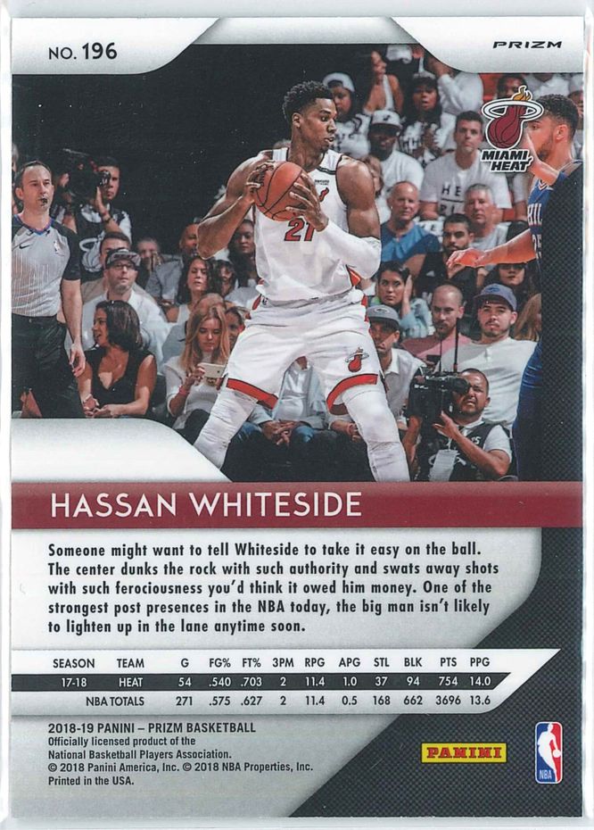 Hassan Whiteside Panini Prizm Basketball 2018 19 Base Silver Prizm 196 2