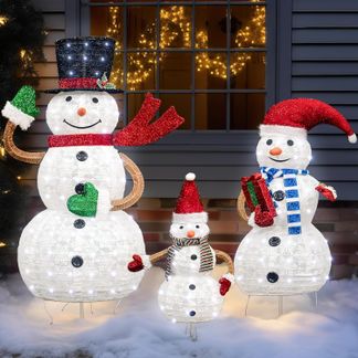 3pc LED Christmas Holiday Lighted Random Twinkling Snowman Family Yard Decor