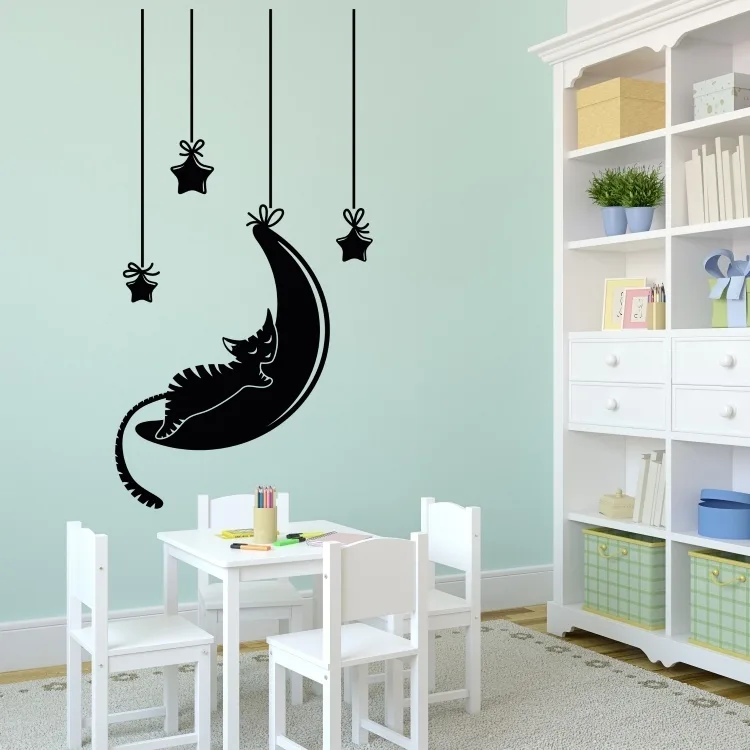 Kočka hvězdy a měsíc - vinylová samolepka na zeď