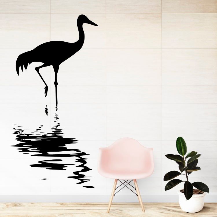 Čáp ve vodě na lovu - vinylová samolepka na zeď