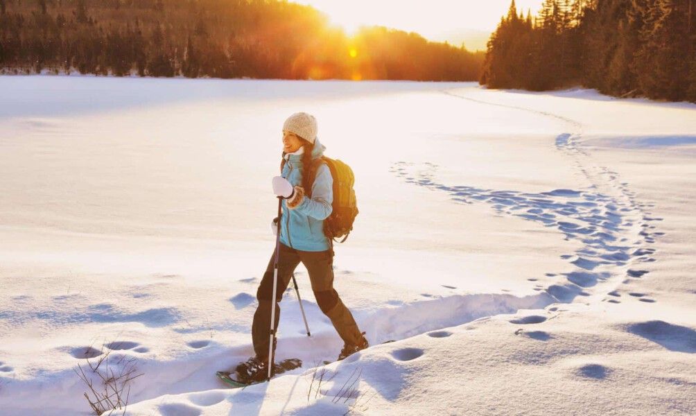 Tanken Sie Ruhe und Kraft bei einer Schneeschuhwanderung in der verschneiten Landschaft Österreichs.