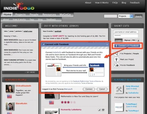 imgfacebookconnectindiegogo-500-x-387 Facebook Connect’i kullanan site sayısı artıyor