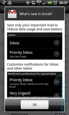 Gmail Android uygulamasının 2.3.5 sürümüyle birlikte sadece öncelikli e-postaları indirme ve etiketlere özel zil sesi desteği eklendi