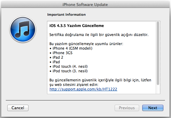 Apple güvenlik amaçlı iOS 4.3.5 yazılım güncellemesini yayınladı