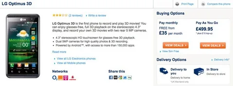 LG Optimus 3D SIM kartsız seçenekle İngiltere’de piyasada