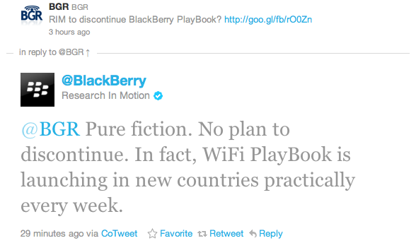 RIM’in Wi-Fi BlackBerry PlayBook tablet üretimini sonlandırma planı yok