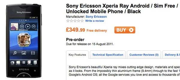 Sony Ericsson Xperia ray Britanya’da ön siparişe sunuldu