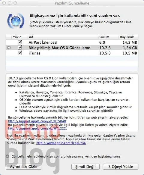 Apple OS X 10.7.3 güncellemesini Birleştirilmiş Güncellemeyle değiştirdi