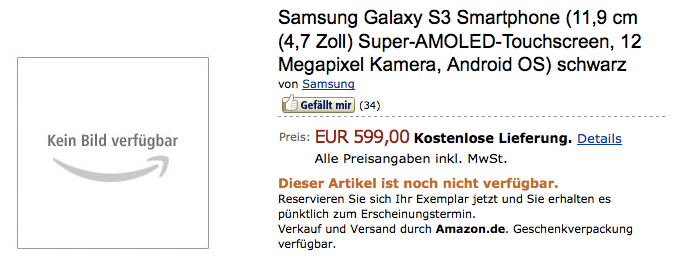 Amazon Almanya Samsung Galaxy S III’ü listelemeye başladı