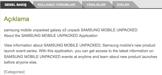 Samsung Unpacked Android uygulamasının açıklama bölümünde Galaxy S3’ün işaretini verdi