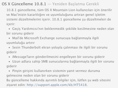 OS X 10.8.1 Mountain Lion güncellemesi yayınlandı