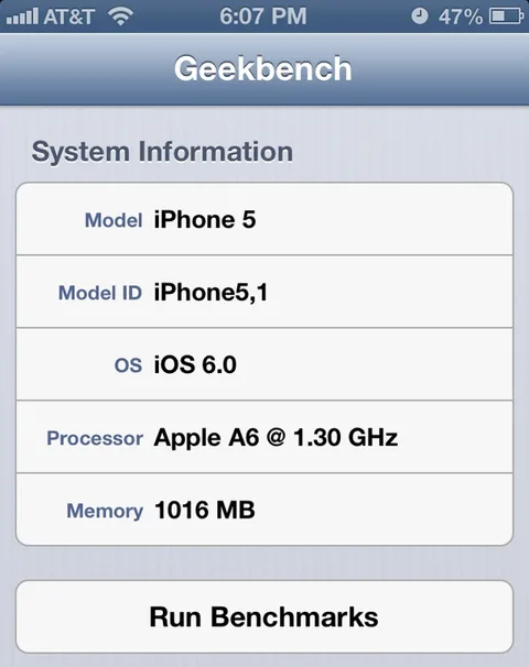 Geekbench benchmark uygulamasının yeni sürümü Apple A6’nın frekansını 1.3 GHz olarak sergiliyor