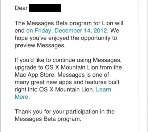 Apple OS X Lion için sunulan Mesajlar beta uygulamasının fişini çekiyor