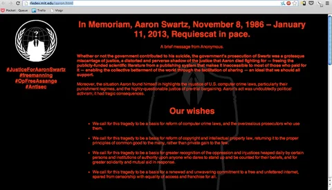 MIT’e ait web sayfalarına Aaron Swartz’ı anma metni yerleştiren Anonymous, telif hakkı reformu çağrısında bulundu