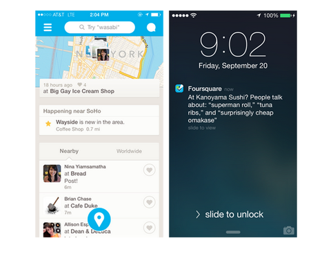 iPhone için Foursquare uygulaması gerçek zamanlı tavsiye bildirimleriyle güncellendi