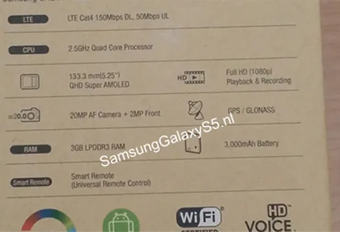 Samsung Galaxy S5 kutusuna ait olduğu iddia edilen fotoğraf cihazın özelliklerini ortaya koyuyor
