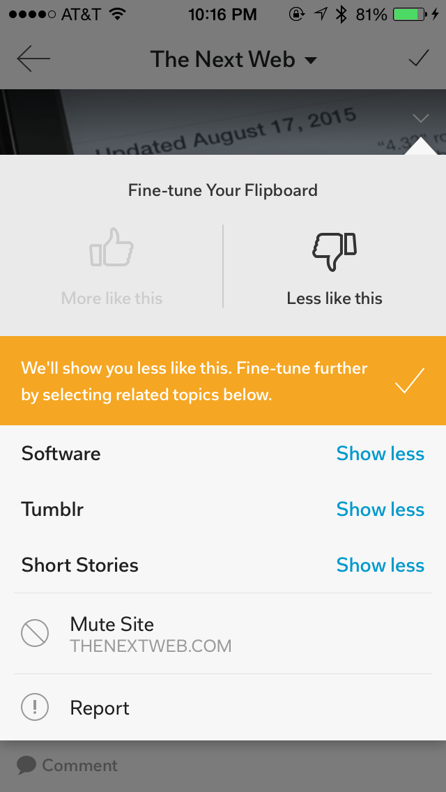 Flipboard Kapak Hikayelerinde çıkan başlıkları oylamanıza imkan tanıyor