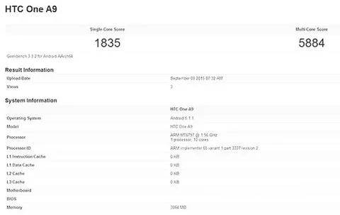 HTC One A9 benchmark testi 10 çekirdekli işlemci ve 4 GB RAM’i işaret ediyor
