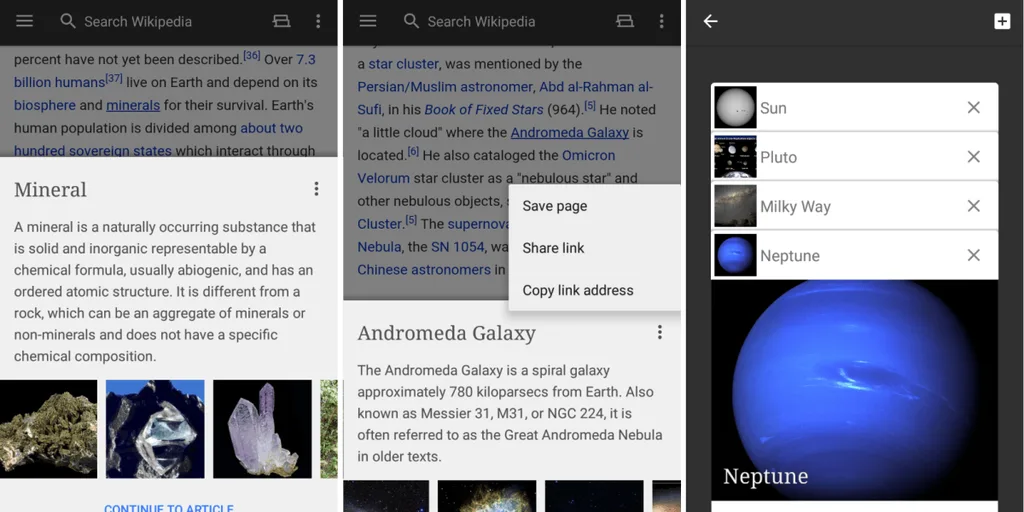 Wikipedia Android uygulaması kullanıcıların mevcut sayfayı terketmeden makale ön izlemelerini görüntülemelerini mümkün kılıyor
