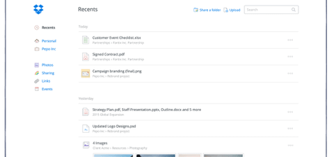 Dropbox web sürümüne en son açılan dosyalar bölümü Recents geldi