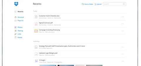 Dropbox web sürümüne en son açılan dosyalar bölümü Recents geldi