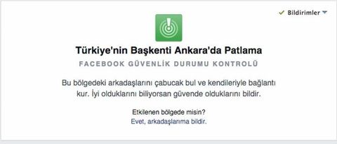 Facebook Güvenlik Durumu Kontrolü Ankara saldırısının ardından aktif hâle geldi