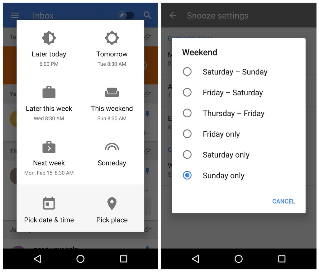 Google Inbox ertele işlevine yeni seçenekler ekledi