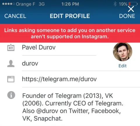 Instagram kullanıcı profillerinde Snapchat ve Telegram bağlantılarına izin vermiyor