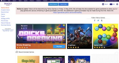 Yahoo Games 13 Mayıs itibarıyla kapanıyor
