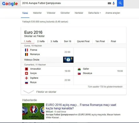 Euro 2016’yı Google arama motoruyla hızlıca takip edin