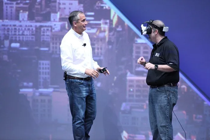 Intel?s Craig Raymond displays the Project Alloy virtual reality headset during the Day 1 keynote at the 2016 Intel Developer Forum in San Francisco on Tuesday, Aug. 16, 2016. Intel CEO Brian Krzanich?s keynote presentation offered perspective on the unique role Intel will play as the boundaries of computing continue to expand. (Credit: Intel Corporation)