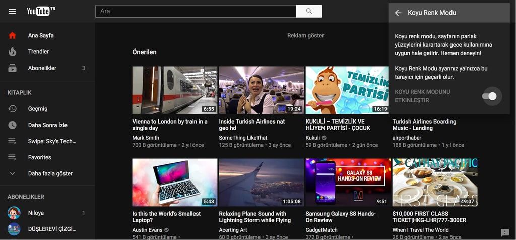 youtube koyu renk modu