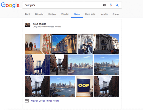 Google arama sonuçlarında Gmail ve Fotoğraflar içeriklerini gösteriyor