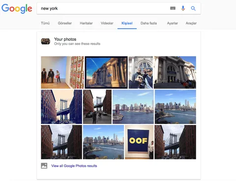 Google arama sonuçlarında Gmail ve Fotoğraflar içeriklerini gösteriyor